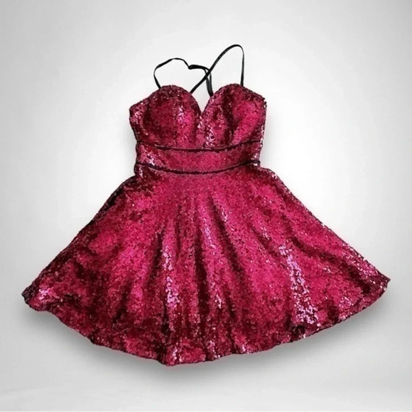 Crystal Doll Magenta & Black Sequined Mini Homecoming Prom Party Dress SIZE 3 JR - Picture 3 of 11